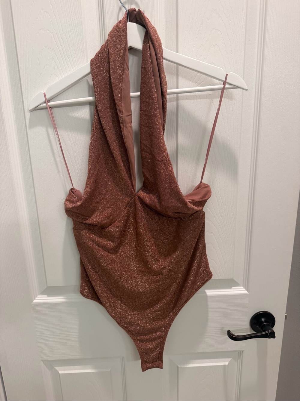 VICI Shimmer Metallic Rose Gold Plunge Halter Bodysuit M top blouse tank